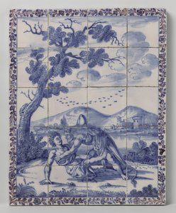 Tile Panel with a Landscape in Blue with Mythological Scene: Hercules and Achelous