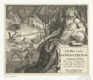 Title Page with Title and River God with Trident and Fishing Net in Landscape with Fishermen