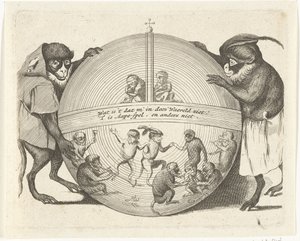 Two Monkeys Holding a Globe, Various Trades of Human Life Represented by Monkeys (series title), What is it that one sees in this World? It is Monkey Business, and nothing else (series title on object) by Anonymous