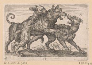 Two Dogs Fighting a Wolf by Anonymous