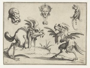 Two Monsters with Three Masks Above (Grotesque Figures) by Anonymous