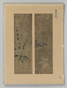 Two Textile Fragments on a Sheet, Embroidery and Print on Silk by Anonymous