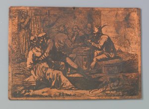 Couple Embracing and Farmers Sitting Around a Barrel