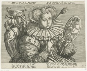 Woman with Mirror and Jester: Satire on the Expensive Stiff Ruffled Collar, ca. 1600 by Anonymous