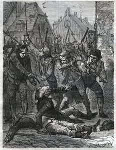 A Scene During the French Revolution: Theobald de Dillon and a Genie Officer Named Berthois, Massacred by the Soldiers and People of Lille. Engraving from 1866 in 
