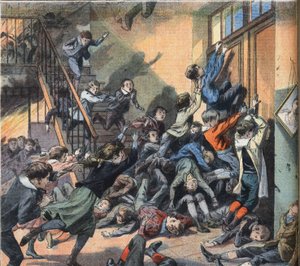 A school burned in Cleveland (United States). Engraving from the newspaper 