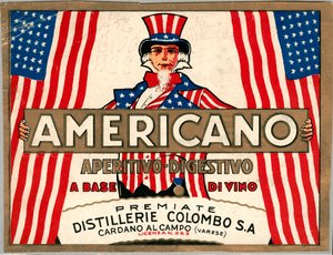 Advertisement for Italian short drink Americano, with allegorical personification of America Uncle Sam