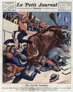 An accident during a bullfight in Salins-de-Giraud (Bouches du Rhone), a bull rushes into the crowd injuring one of the spectators. Illustration from 