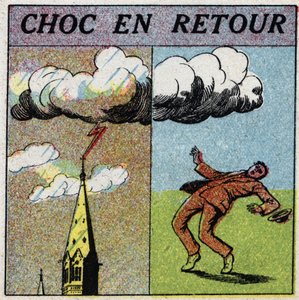 Atmospheric electricity: shock in return. A man is electrocuted because he is in the field of influence of a lightning zone. Anonymous illustration from 1925. Private collection.