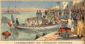 Boarding Senegalese riders with their wife. Engraving from the newspaper Le Petit Parisien, on 03/22/1908. Private collection. by Anonymous Anonymous