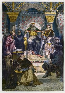 Charlemagne (742 - 814) on His Throne Presiding Over the Palace Academy - engraving from 
