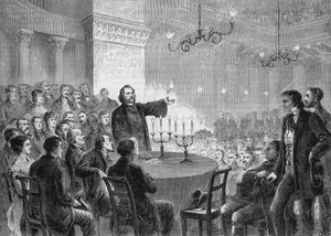 Conference of Reformer Johannes (Jean) Ronge (1813-1887) in Vienna in 1868. He Founded the Universal Christian Church (engraving of 1868)