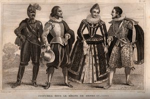 Costumes under the rule of Henry IV (1590). Engraving from 1859 in Le Monde. History of all peoples from the most remote times to the present day by M. E. de Lostalot-Bachoue. Private collection. by Anonymous Anonymous