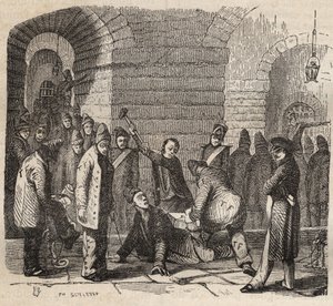 Coupling at the Rochefort bagne in the 19th century. Engraving in Histoire des bagnes depuis leur création à nos jours (1877) by Pierre Zaccone. Private collection.