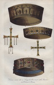 Crowns of the Suverians of the Lombard Kingdom (568-774), preserved in the Basilica of Saint John of Monza - engraving from Usi e Costumi di Tutti i Popoli dell
