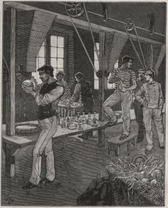 Crystal Engravers Workshop in France in the 19th Century. Engraving from 1885 in 