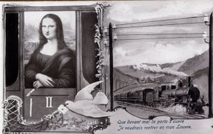 Detournee representation of The Mona Lisa by Leonardo da Vinci: The painting is represented on a train, wishing to find its museum. Comedy postcard edited at the time of the theft of the work