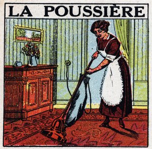 Domestic uses of electricity: vacuum cleaner for dust. Anonymous illustration from 1925. Private collection. by Anonymous Anonymous