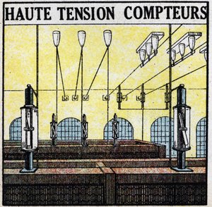 Electrical lines: high voltage meters. Anonymous illustration from 1925. Private collection.