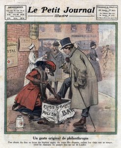 Elegant young girls, their faces hidden behind masks, polish the shoes of London passers-by to raise money for English hospitals. Illustration taken from 