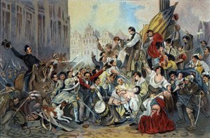 Episode of the Revolution of 1830 in front of the Brussels City Hall. Advertising chromolithography of Antoine chocolates in Brussels, beginning of the 20th century. Private Collection