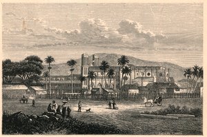 Exterior view of the Cathedral of Port of Spain in Trinidad. Engraving in 
