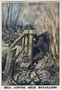 First World War 1914-1918. A French officer fights on his own against two battalions of the German army in the Bois de Caures. In Le Petite Journal, on 14/05/1916. Private Collection