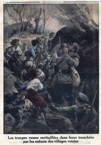 First World War 1914-1918. Russian military troops refueled in their trenches by children from neighboring villages. In Le Petite Journal, on 02/04/1916. Private Collection