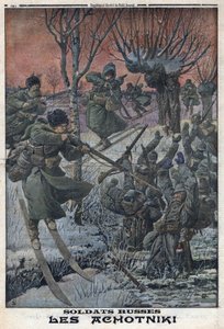 First World War 1914-1918. Russian soldiers Ahotniki on skis shoot German soldiers. In 
