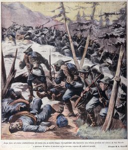 First World War: Italian alpine hunters take back from enemies the Pal Piccolo, Italian Alps - 1916 Illustration from La Domenica del Corriere