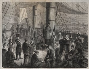 First convoy of forces from Toulon to Cayenne (Guyana) under the Decret of 8 December 1851. Engraving in Histoire des bagnes depuis leur création à nos jours (1877) by Pierre Zaccone. Private collection.