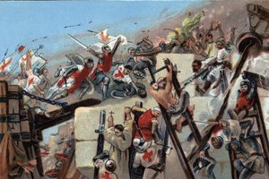 First crusade (1096-1099): the capture of Jerusalem by the crusaders led by Godefroy of Bouillon on 15 July 1099. Advertising chromolithography of Antoine chocolates in Brussels, beginning of the 20th century. Private Collection
