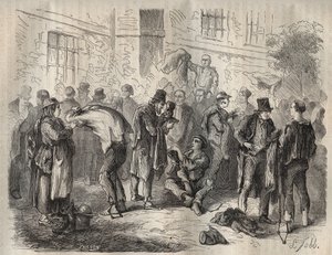 Forcats selling their belongings before entering the Toulon Bagne in the 19th century. Engraving in Histoire des bagnes depuis leur création à nos jours (1877) by Pierre Zaccone. Private collection. by Anonymous Anonymous