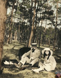 French Composer Claude Debussy (1862-1918) and His Daughter Chouchou Sitting for a Picnic Near Arcachon