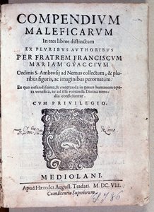 Frontispiece of Compendium maleficarum by Guazzo about demonology and witchcraft (engraving)