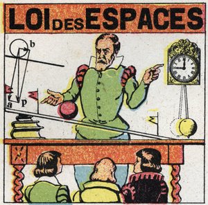 Grainness: law of spaces. Galileo Galilei (1564-1642) observes the movement of a ball on an inclined plane to study the fall of bodies. Anonymous illustration from 1925. Private collection.