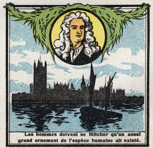 Gravitation: portrait of Isaac Newton (1642-1727) who discovered the laws of gravity. Anonymous illustration from 1925. Private collection. by Anonymous Anonymous
