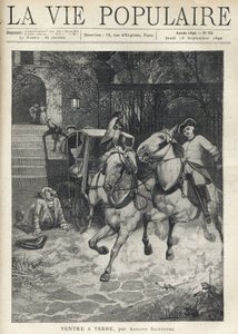 In front of the staircase of a small castle, a young rider arrives in the courtyard at full speed, spurring his horse and panicking the horses of the carriage parked by the gate, a large man wearing a powdered wig stretches on the ground after a fall due