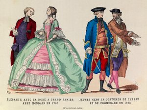 Left: Elegante with a large basket dress, mondain abbe in 1760 / Right: Young men in hunting and walking suit in 1760 (reign of King Louis XV) - private collection by Anonymous Anonymous