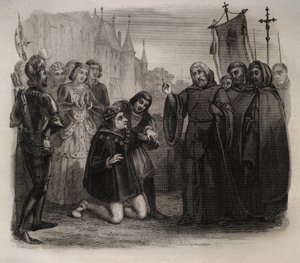 Louis XI (1423-1483) asking for his healing to Francois de Paule (1416-1507). Engraving of 1846 in 