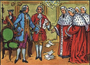 Louis XV, King of France, breaks down the rulings of the parliament. Anonymous illustration in 