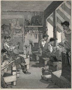 Manufacture of combs in a workshop in France in the 19th century. Engraving from 1885 in 
