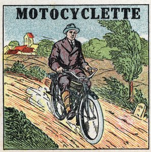 Mechanical traction: motorcycle. Anonymous illustration of 1925. Private collection.
