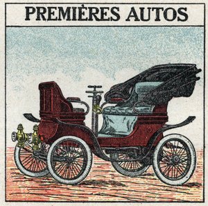 Mechanical traction: the first petrol cars invented in 1895 by Panhard and Levassor. Anonymous illustration from 1925. Private collection. by Anonymous Anonymous