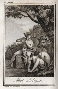 Mercury and Argus. Death of Argus: Mercury played the flute to fall asleep Argus and deliver the nymph Io, transformed into a cow. Engraving from 1819 in Lettres a Emilie sur la mythologie by Charles Albert Demoustier (1760-1801).