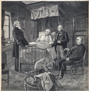 Panamanian Scandal: The Chamber of Cornelius Herz, Franco-American doctor and businessman in Bournemouth: visit of Dr. Jean Martin Charcot, clinical doctor and neurologist, and Paul Brouardel - Engraving