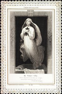 Pious image: Immortality, In cruce vita. Card of deces dentelee. 19th century Private collection
