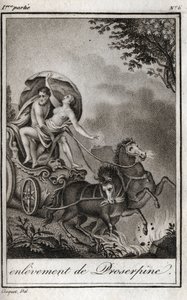 Pluto (Hades) takes Persephone (Proserpine) in front of her mother, Ceres (Demeter), and takes her to the kingdom of the Underworld. Pluto carries off Persephone to his kingdom, the underworld, in Greek mythology. Engraving from 1819 in Lettres a Emilie s by Anonymous Anonymous