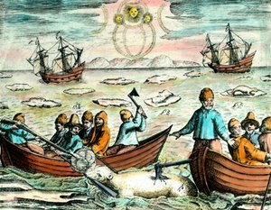 Polar Bear Hunting Scene in Canada. 18th century engraving. Private Collection