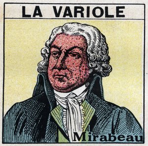 Portrait of Honore Gabriel Riqueti, Count of Mirabeau (1749-1791) with the face of figure by smallpox. To avoid scars caused by smallpox, patients should be treated in rooms or enter only red light, free of ultraviolet rays. Anonymous illustration from 192 by Anonymous Anonymous